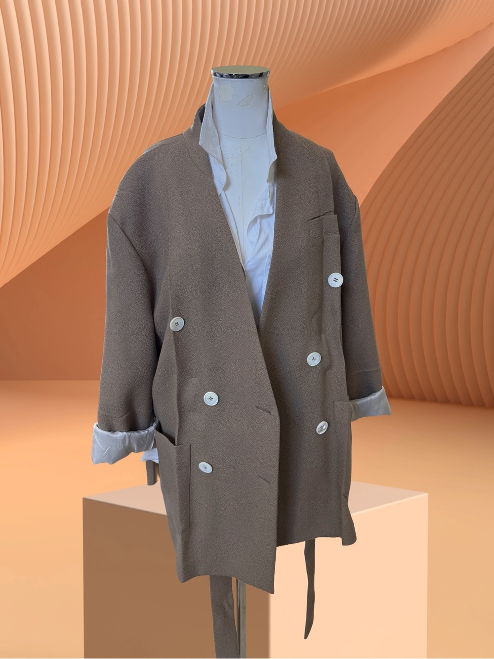 Setchu- Origami Jkt- Double-Breasted Camel Blazer with Button Detail and Sash